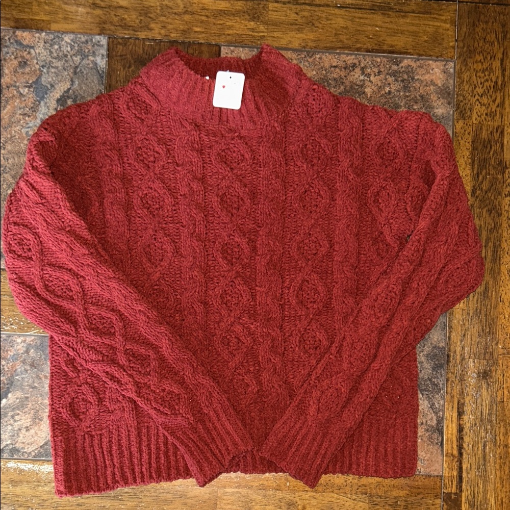 Poof Apparel. Deep Red Cable Knit Turtleneck Sweater